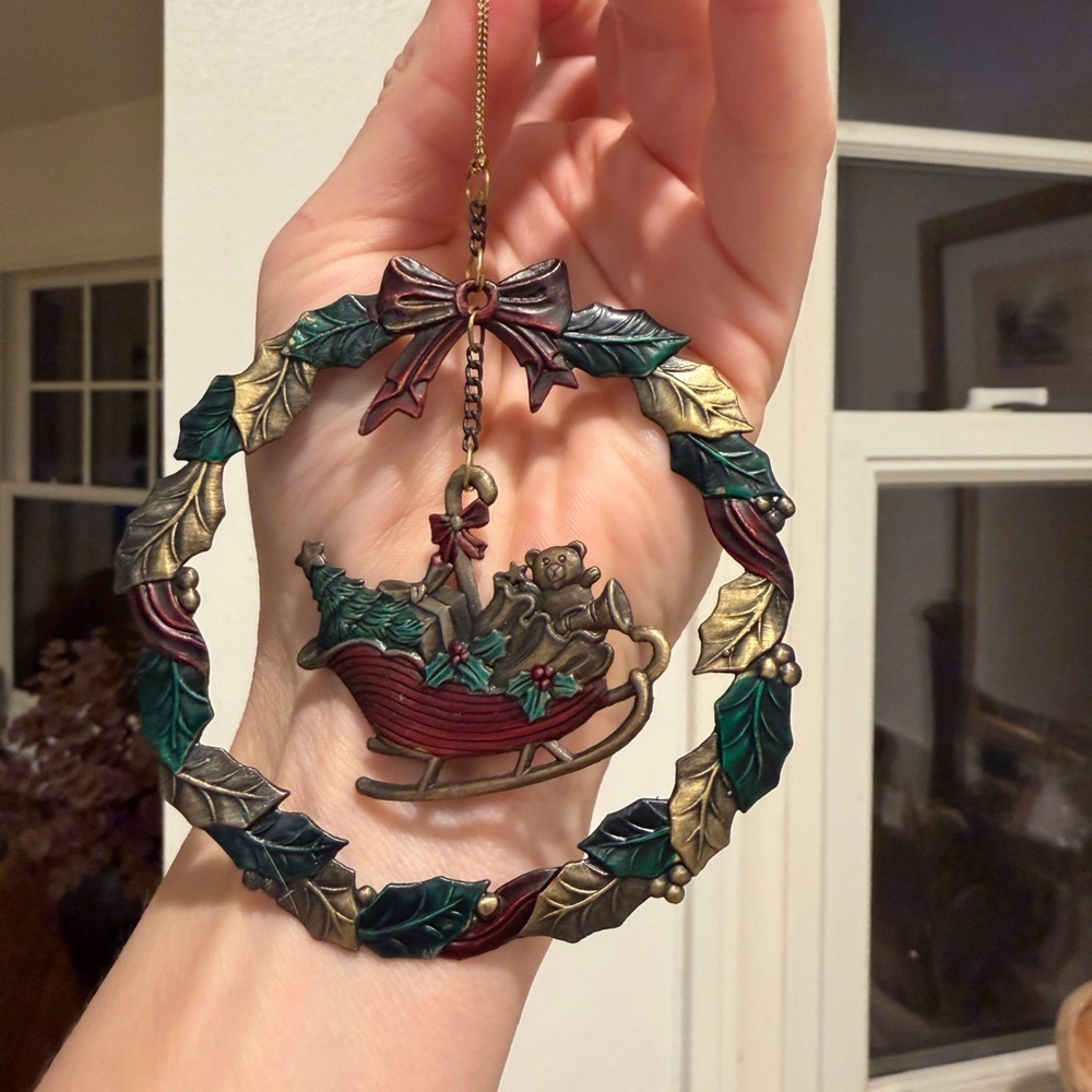 Vintage Festive Wreath metal Ornament with Sleigh and Bear